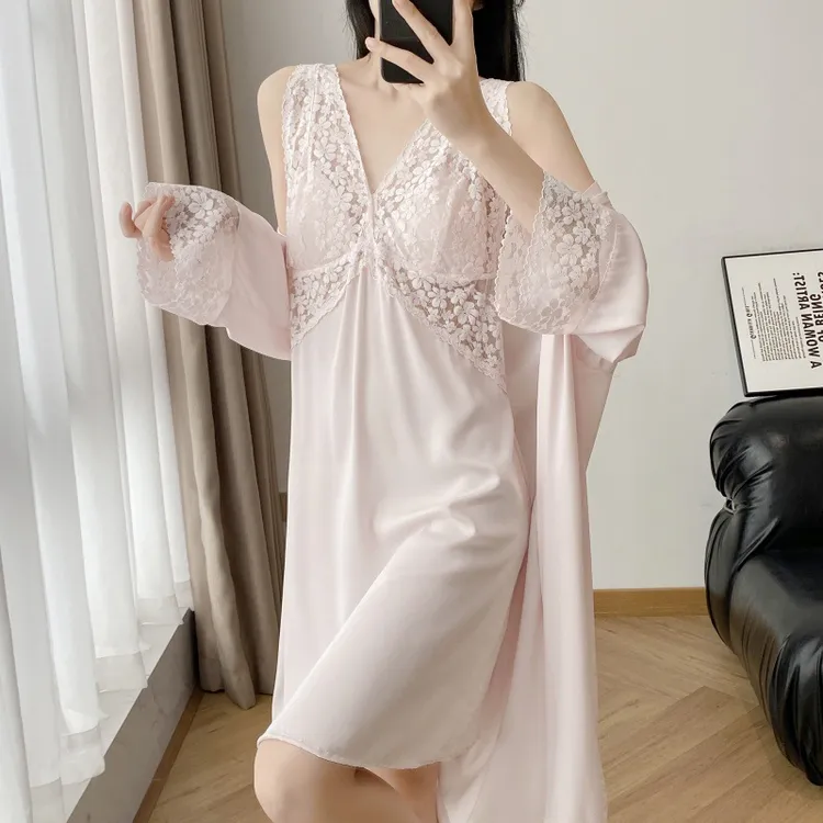 源头厂家批发仿醋酸纯欲风性感睡衣女薄款带胸垫长袖睡袍睡裙家居