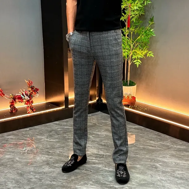 冬保暖男士羊毛加厚格纹直筒商务休闲裤潮流修身时尚长裤免烫裤子