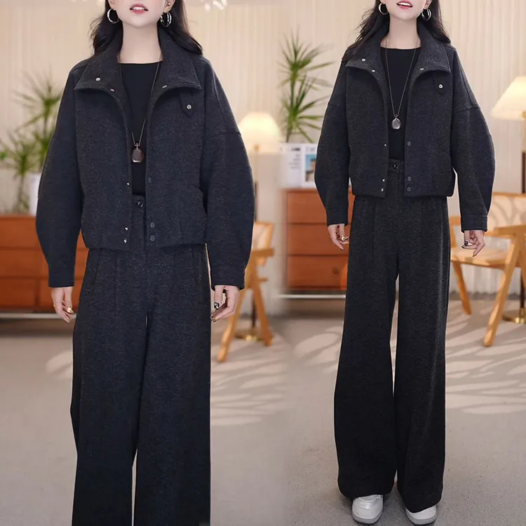 冬季新款设计感套装女装气质减龄时尚遮肉显瘦宽松外套裤子两件套