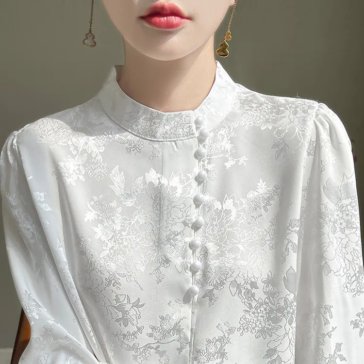 丝绸真丝春夏季女装新款缎面新中式立领盘扣长袖衬衫暗花上衣