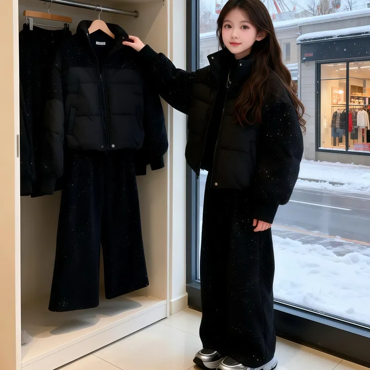 女童满天星棉衣套装2025秋冬新款中大童潮酷棉服外套闪亮阔腿裤潮