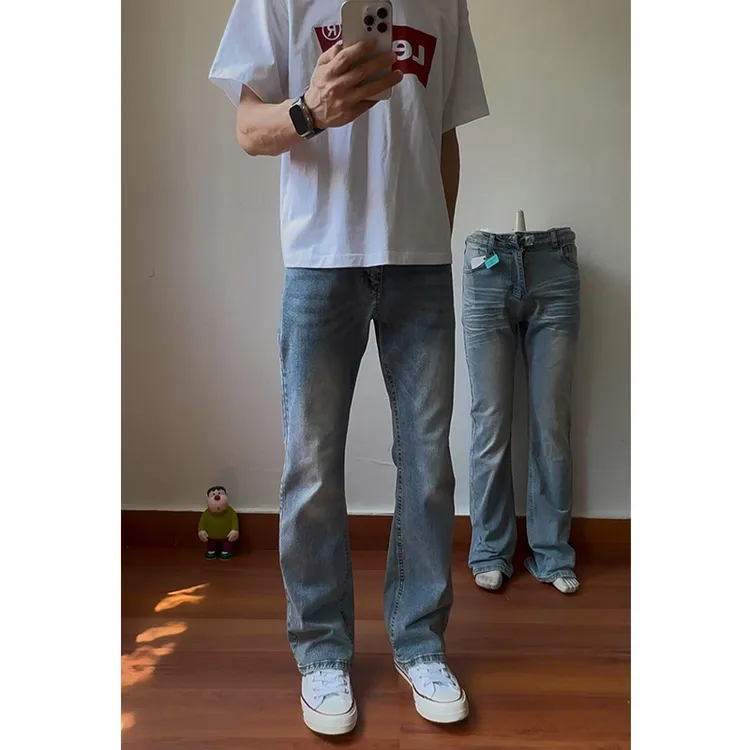 裤二代专属浅蓝色微喇牛仔裤男款夏季显瘦直筒美式高街修身弯刀裤