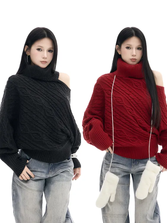 【吉月月】黑灰色不规则设计感露肩针织毛衣长袖上衣