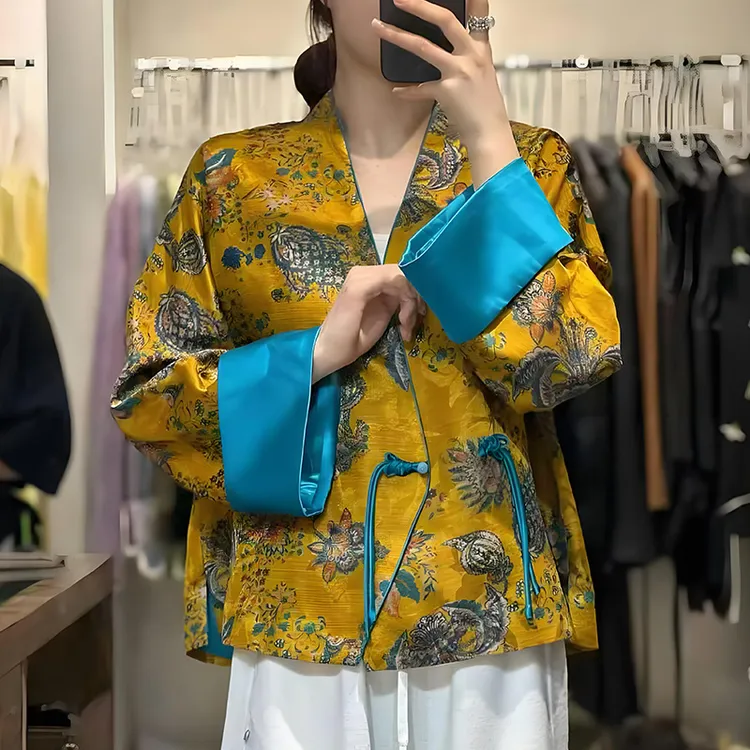 深圳南油高端女装新中式国风印花丝毛外套秋季新款长袖一片式上衣