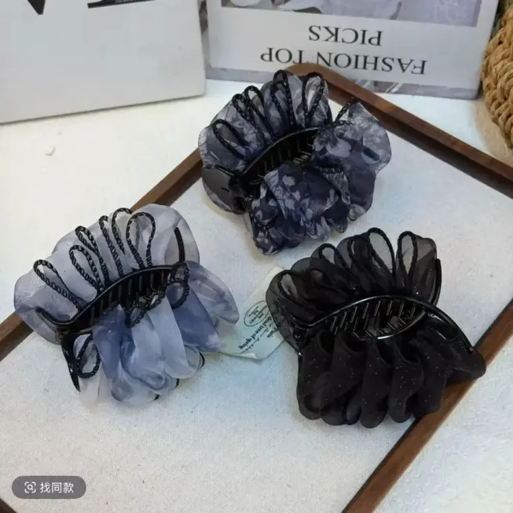 家庭发带高定黑纱星芒缀饰奢华优雅气质抓夹式丸子头发夹