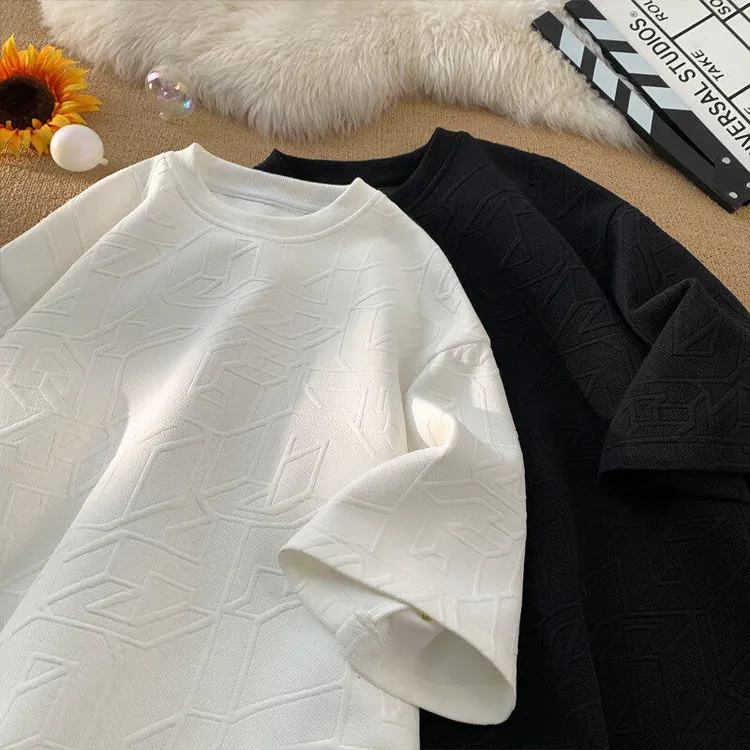 夏季潮胖子短袖T恤男大码加肥加大宽松提花重磅半袖体恤上衣