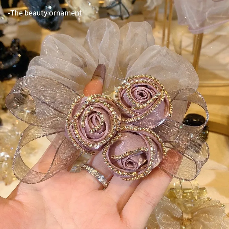 高级感头绳玫瑰花网纱蝴蝶结大肠发圈女扎头发年新款头花头饰