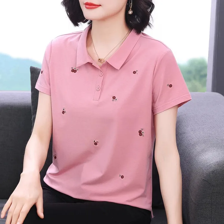翻领纯棉短袖t恤女 新款2026夏装洋气上衣中老年妈妈减龄体恤小衫