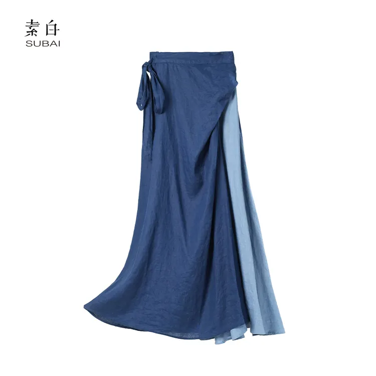 素白【可心】清冷中式92351亚麻拼色气质简约长裙清爽绑带半身裙