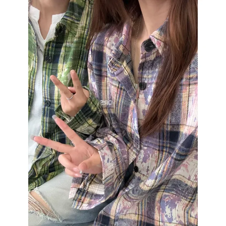 vintage绿色扎染格子衬衫男款美式复古情侣长袖衬衣外套叠穿上衣