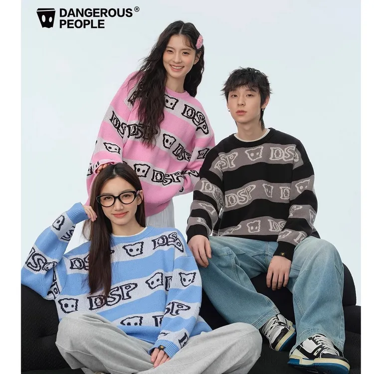 Dangerouspeople薛之谦dsp拼接字母提花宽松条纹潮流百搭圆领毛衣