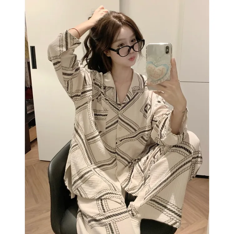 老钱风高级感翻领双层纱睡衣女春秋季长袖长裤宽松纯棉家居服套装