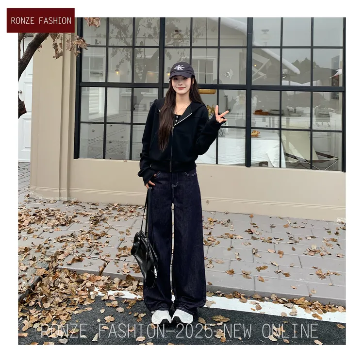 美式原牛ins风阔腿牛仔女百搭极简风老钱丹宁显瘦气质牛仔拖地裤