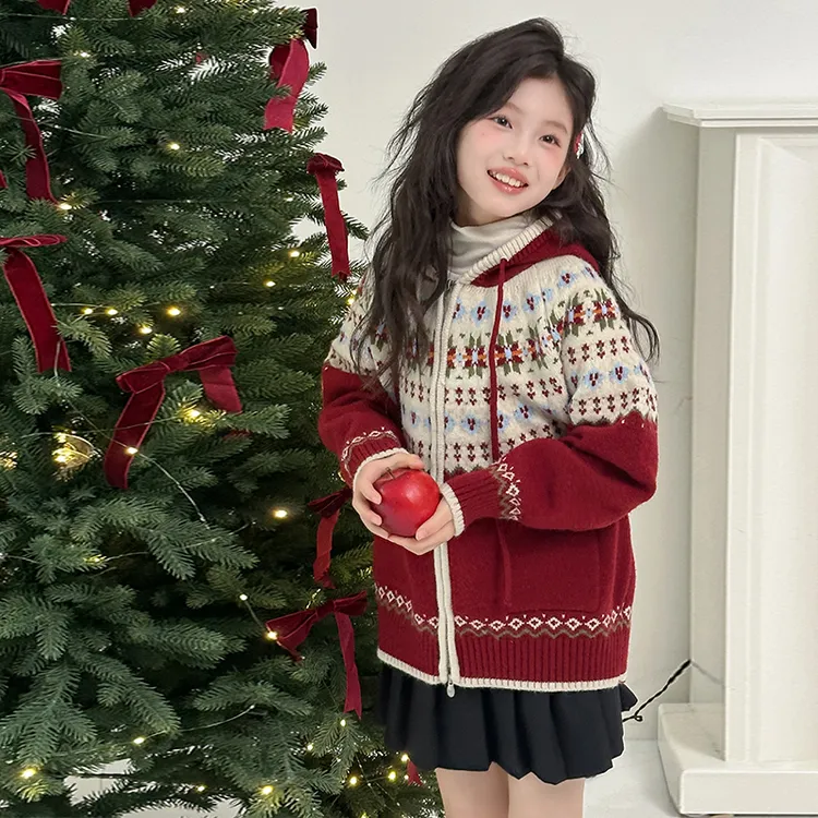 女童秋冬毛衣2025新款洋气时髦中大童上衣儿童宽松加厚连帽针织衫
