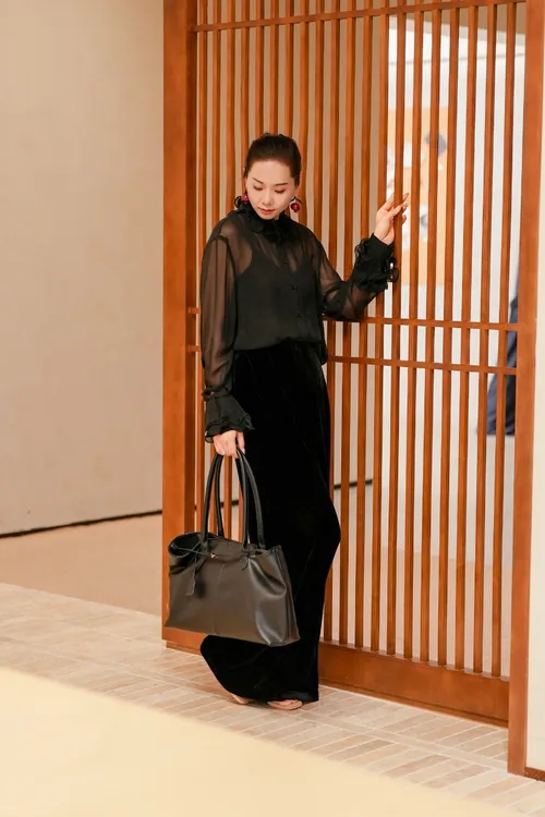 爱妃原创【丝雅】新中式国风不规则领长袖黑色百搭衬衫上衣87107