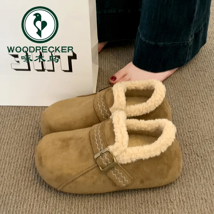 啄木鸟厚底勃肯鞋女2025新款冬季鞋子外穿加绒棉鞋保暖毛毛雪地靴