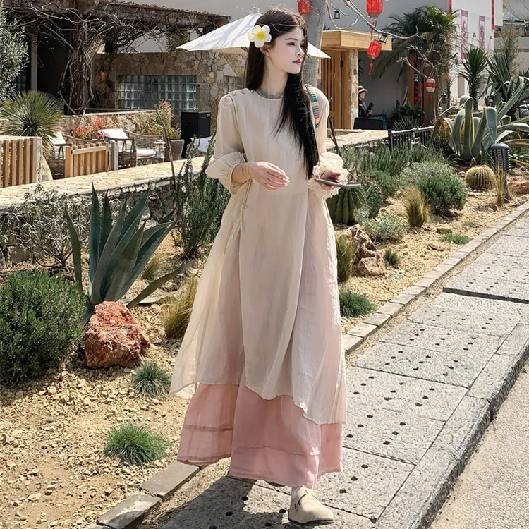 大码女装2025夏胖mm复古禅意风纯色新中式仙气连衣裙+皮粉半身裙