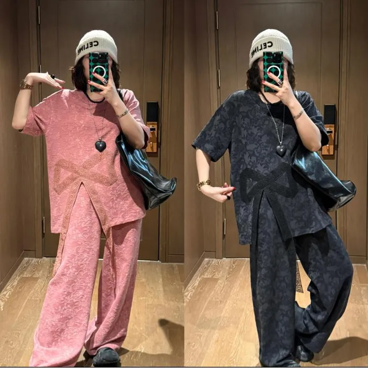 YDFSTUDIO小众【万能调性】欧货高品重工刺绣蝴蝶设计T恤+裤子套装