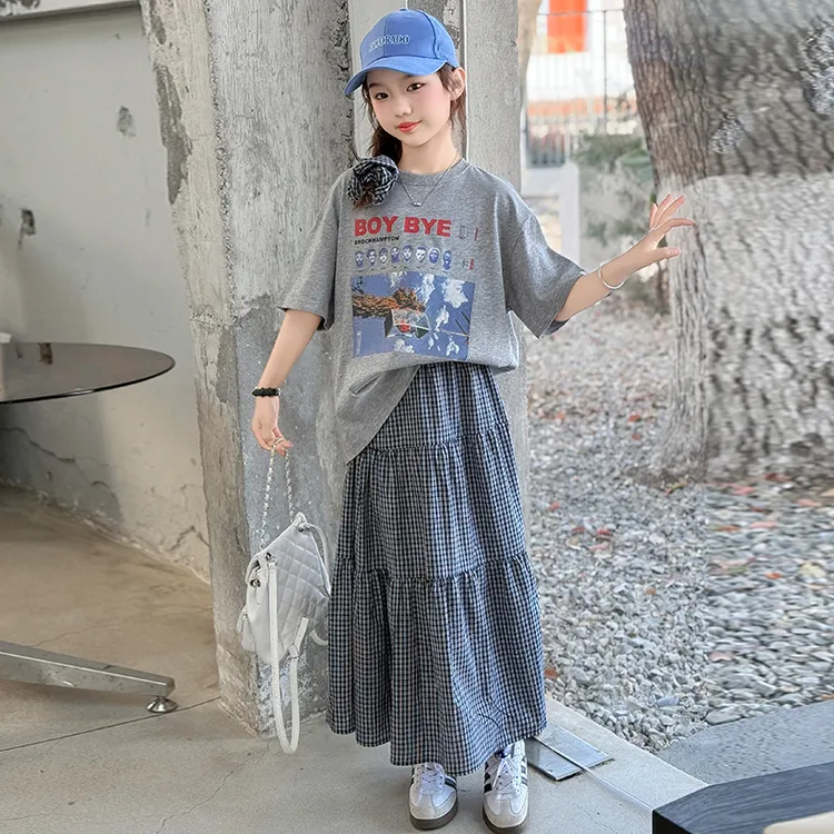 女童夏装中长款短袖小格子半身裙套装洋气时尚2025夏季新款中大童