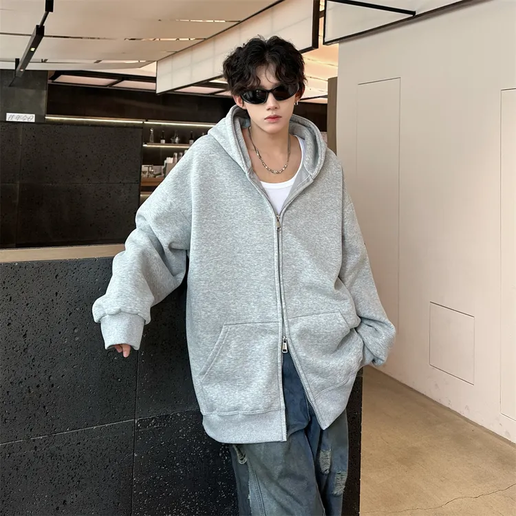 美式复古重磅纯色双拉链外套男生宽松休闲百搭连帽卫衣开衫春秋季