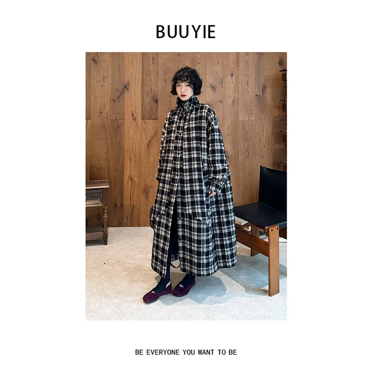 BUUYIE【墨格】鹅绒服女澳毛冬季松弛感保暖长款羽绒服 251153