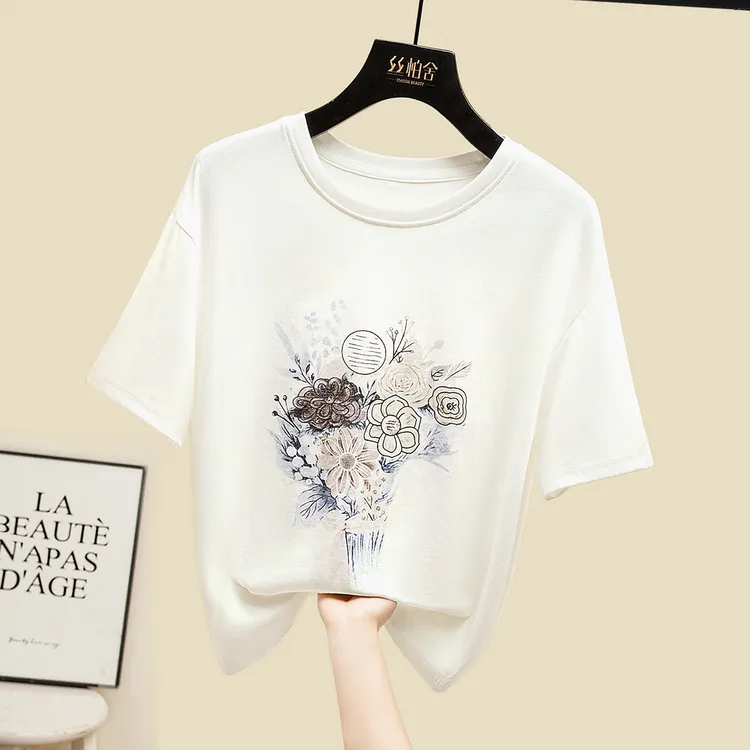 丝柏舍2025夏季新款女休闲印花套头宽松简约圆领短袖T恤S42X5619T