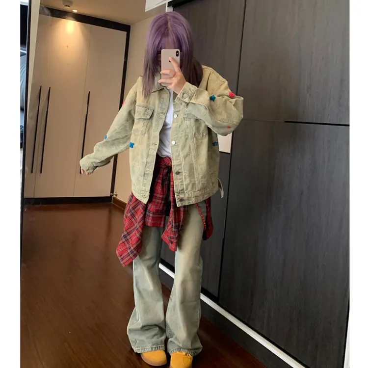 美式丹宁风牛仔外套女春季新款时髦复古做旧夹克长袖上衣宽松百搭