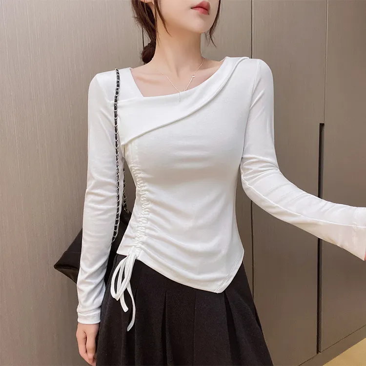 2025春秋新款性感纯欲不规则领口白色长袖t恤女内搭显瘦体恤上衣