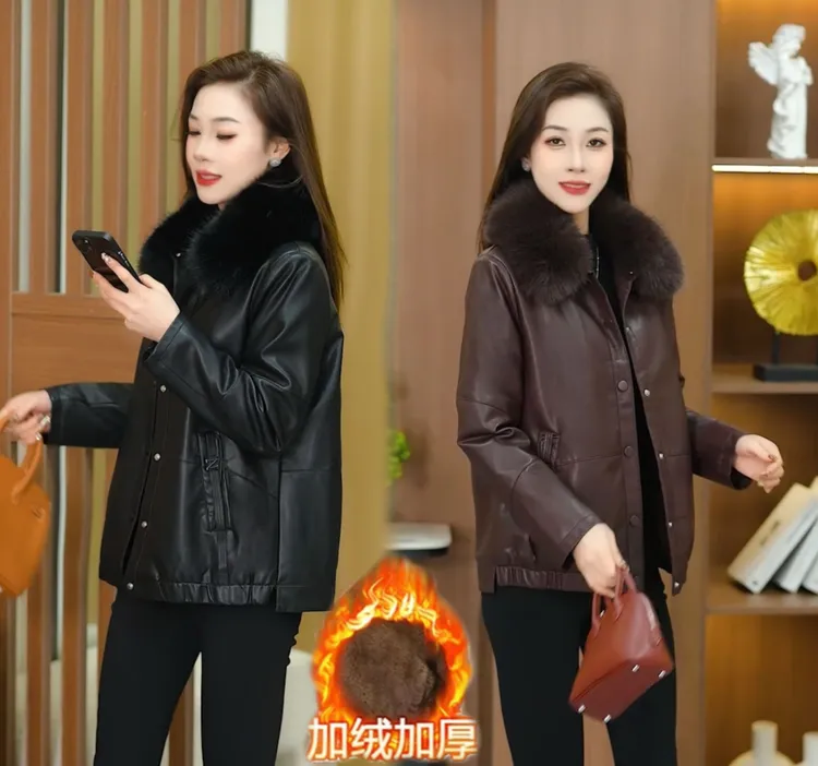 海宁正品【加绒】【有毛领可脱卸】冬季加绒加厚显瘦气质款水洗皮衣99