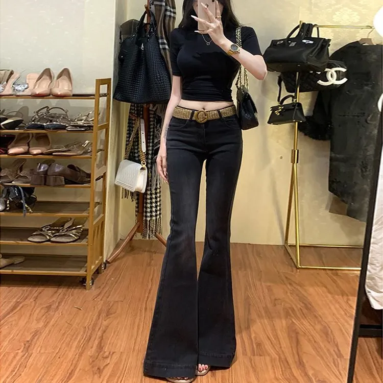 美式复古黑灰弹力微喇牛仔裤女秋冬新款高腰修身显瘦百搭喇叭裤子