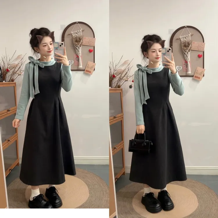 小个子秋冬法式复古背心裙打底两件套显瘦瘦腰8526