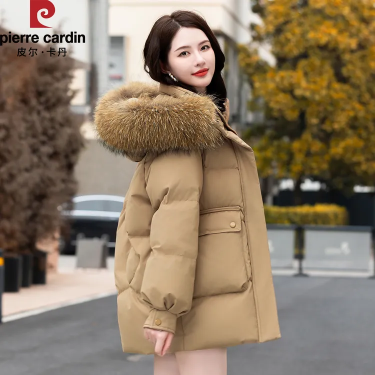 皮尔卡丹白鸭绒羽绒服女冬季中长款2025新款加厚小个子大毛领外套