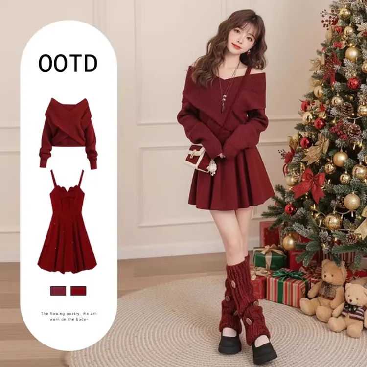 韩式高级感搭配一整套冬装女今年流行爆款灰色毛衣阔腿长裤两件套