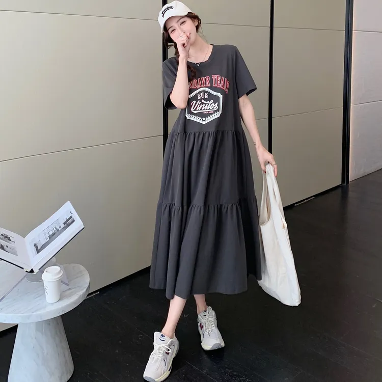 2025夏新款/大码宽松遮肚T恤气质连衣裙女胖mm休闲长裙t恤裙子