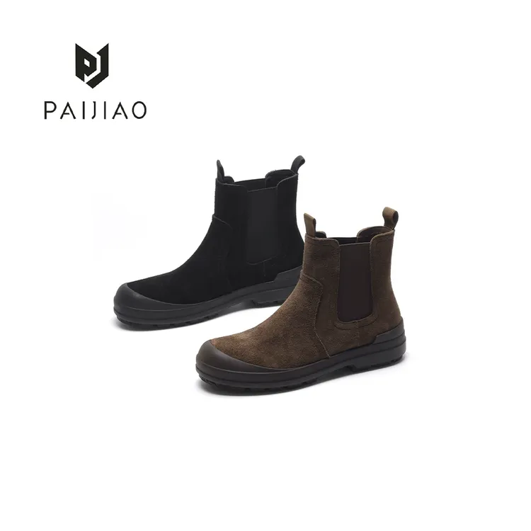 牛皮反绒复古极简手工圆头厚底一脚蹬短筒切尔西靴女靴XC1108-1