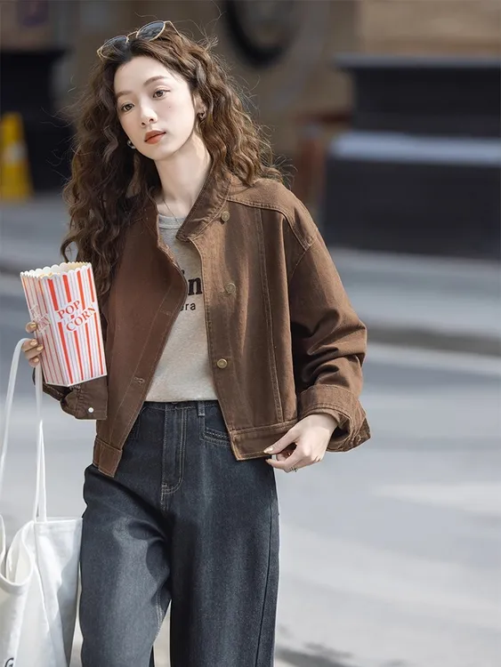 复古咖色牛仔短外套女2025早秋新款宽松立领工装夹克百搭上衣729#