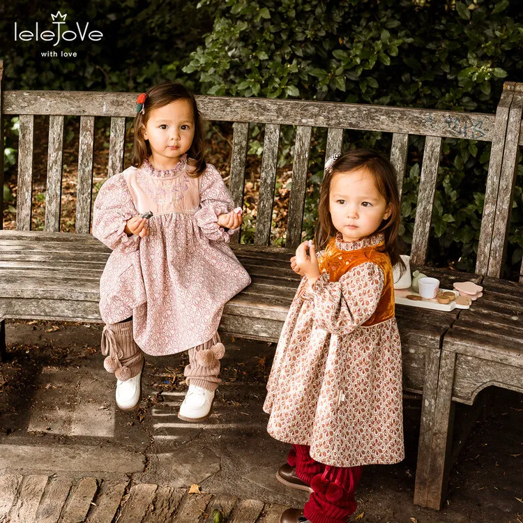 LELEJOVE女童25秋冬复古连衣裙细腻灯芯绒色织提花长裙5AW37369
