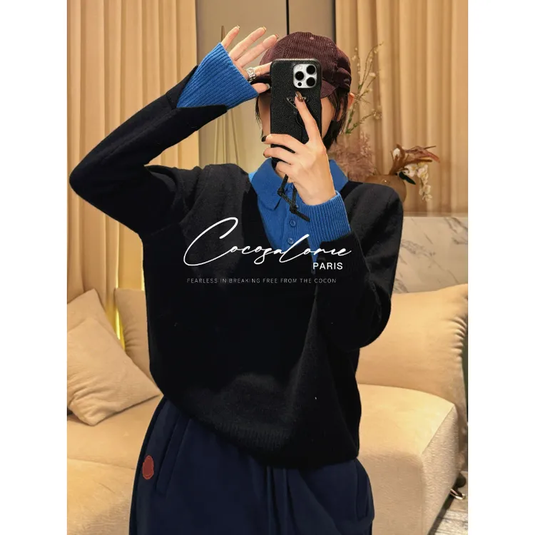 韩彬彬"双色羊毛"100绵羊毛假两件拼接撞色polo针织毛衣女3114-8