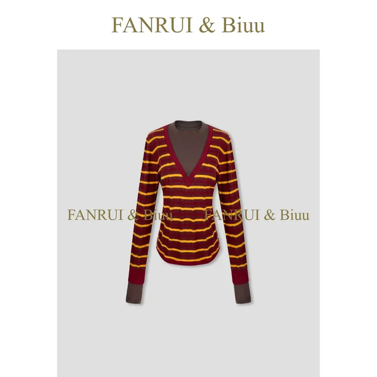 FANRUI/泛芮「贝贝biuu」羊毛条纹拼接减龄气质百搭针织衫女B18534