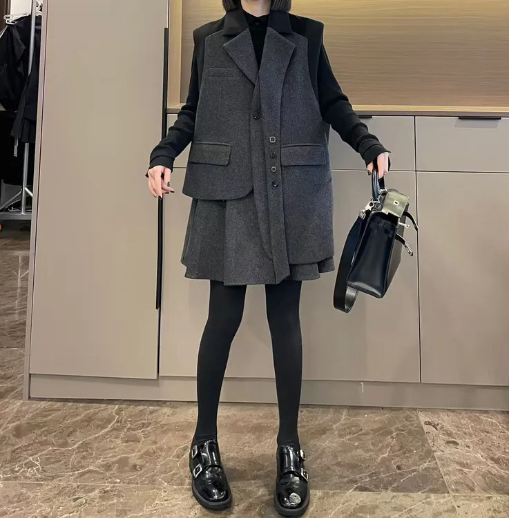 米可/MK-3063LJ【呢子拼撞色马甲+半裙套装】时尚冬季新款两件套