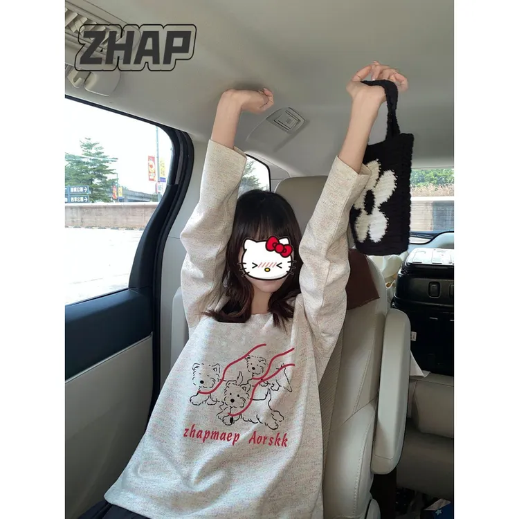 【ZHAP】250克彩纱休闲长袖T恤女秋冬爆款卡通上衣打底衫百搭宽松潮