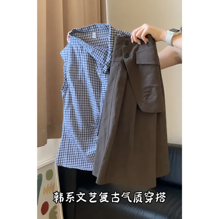 简约慵懒松弛感～格子小众气质蝴蝶结衬衫女2025夏季高腰时尚裙子