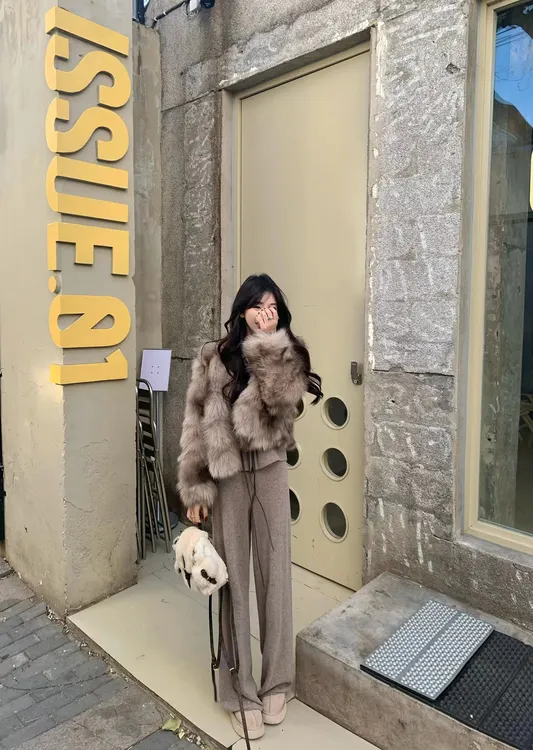 慵懒风设计感毛毛外套拉链针织上衣女秋冬新款时尚百搭显瘦休闲裤