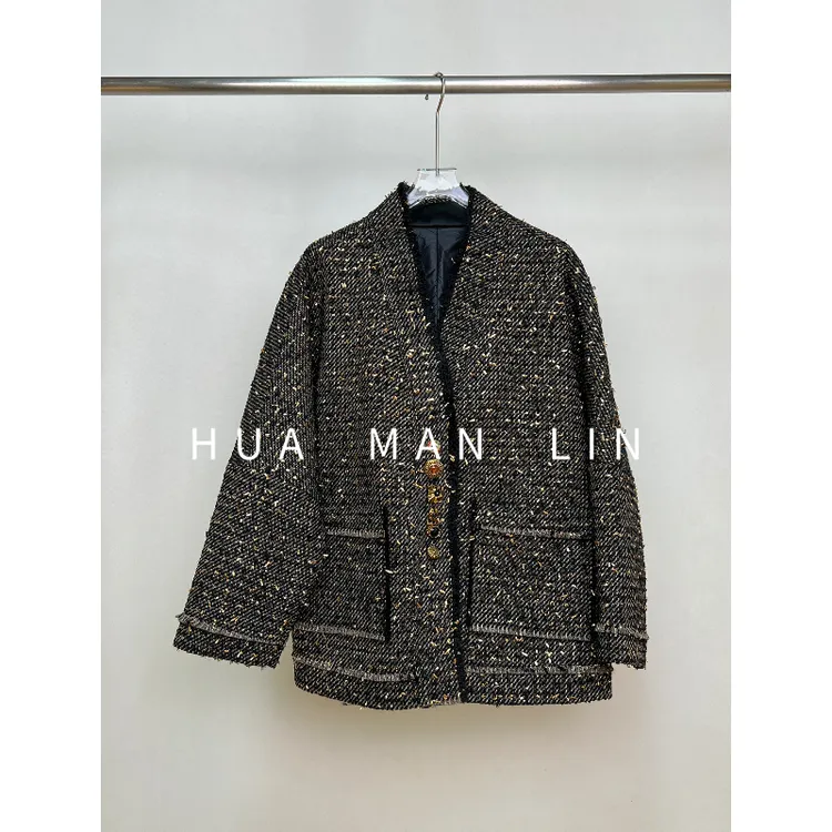 【花滿林】V领定制扣羊毛填充物白鹅绒小香风羽绒服68191