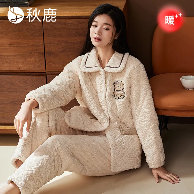 秋鹿牛奶绒三层夹棉长袖长裤女套大码休闲毛绒冬季保暖毛绒家居服