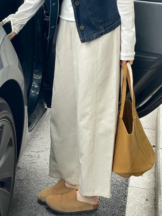  日系米杏色九分阔腿奶奶裤子女秋季胖mm宽松显瘦百搭直筒休闲裤