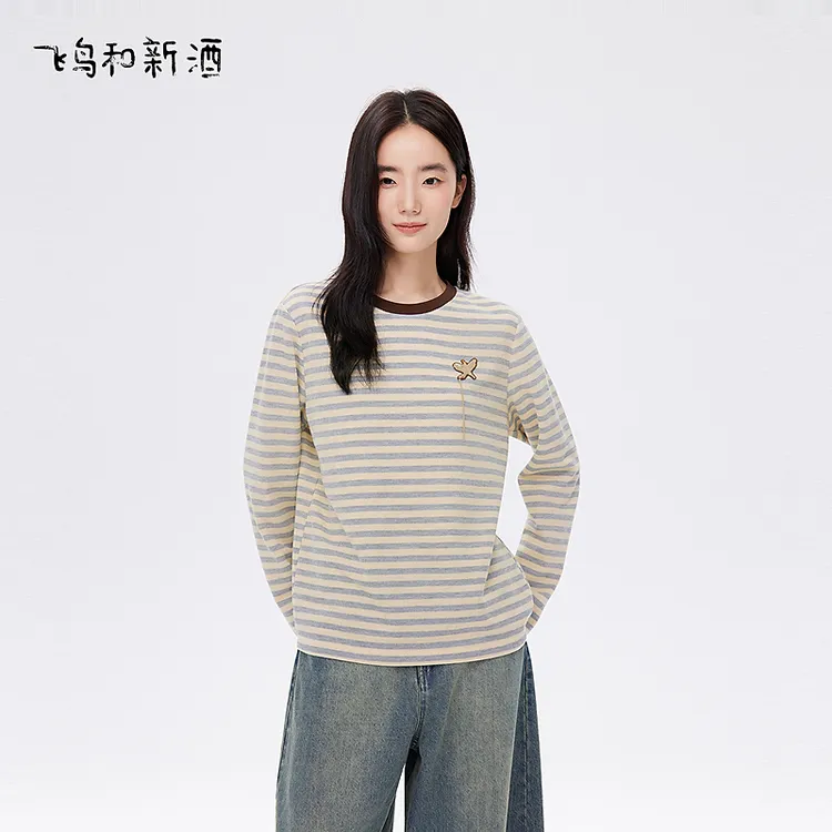 【新】飞鸟和新酒宽松条纹圆领长袖T恤女秋显瘦休闲上衣FD55091038