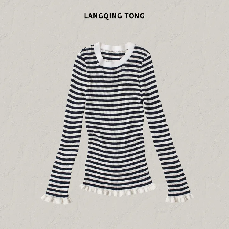 LANGQING 条纹文艺小花边机洗羊毛打底针织衫46369#