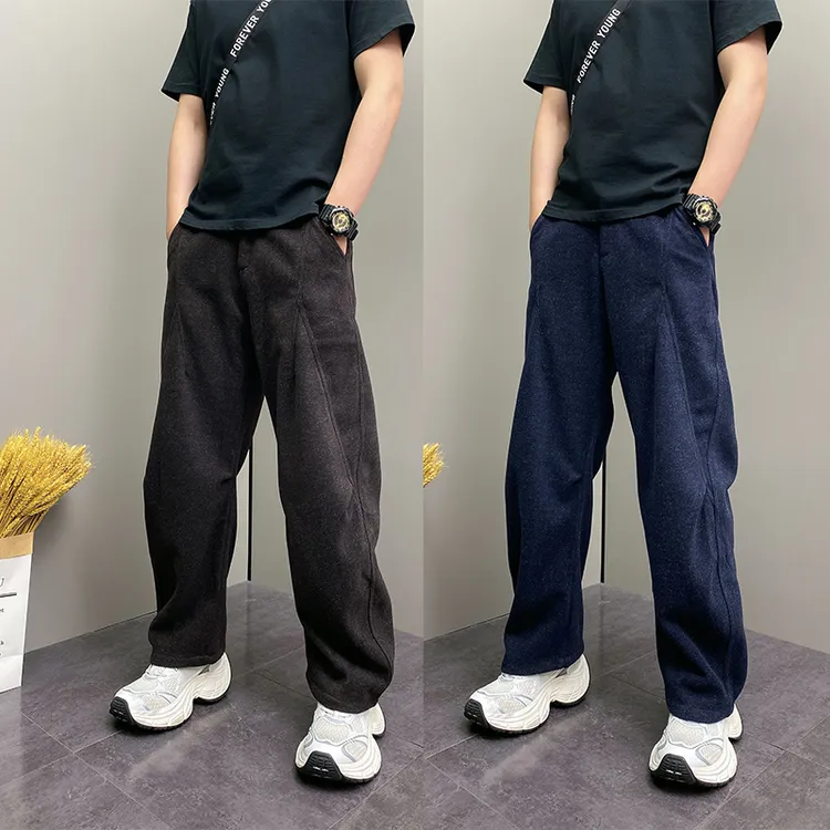 潮牌2025秋冬季新款休闲裤男士时尚百搭毛呢宽松大码阔腿弯刀裤子
