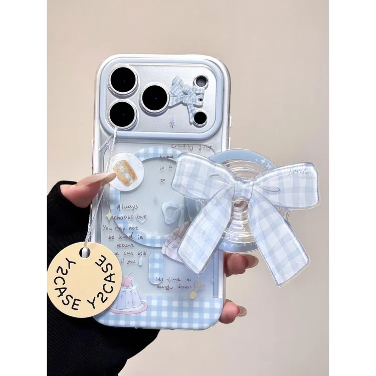 韩系格纹蝴蝶结磁吸支架适用苹果17promax手机壳iphone16新款15